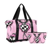 Gotico Rosa Nero Cuore Scozzese Scheletro Sport Tote Borsa da Palestra Borsa Grande Borsa con Tracolla Regolabile per Viaggio Set 2 Pezzi, Gotico Rosa Nero Scheletro a Quadri, Taglia Unica, Scheletro