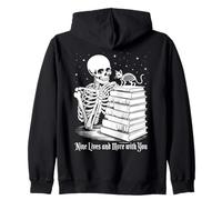 Gotico Scheletro Gatto Libro Amante Halloween Art Felpa con Cappuccio