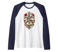 Gotico Serpente e Rose Rosse Intorno a Una Croce Gotica Maglia con Maniche Raglan