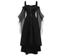 Gotico Vestito Halloween Costume Donna, Abiti Maxi con Lacci A-Line di Grandi Dimensioni con Maniche a Farfalla, Costume da Strega Vintage per Halloween Abito Vittoriano Cosplay Vestito Medievale