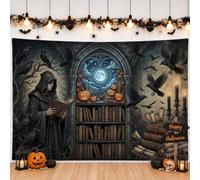 Gotico Wizard Library tema Halloween sfondo banner 180 x 109 cm | Scena della biblioteca gotica, sfondo fotografico, mago mistico, corvi, libri vintage, luna piena, decorazione per la casa