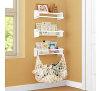 GoTiling Libreria Montessoriana da Parete Bambini per Cameretta: Scaffale Portagiochi da Muro in Legno - 3 Mensole per Libri con 1 Rete per Peluche, 60cm