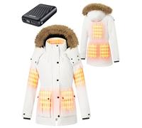 GOTOBI Giacca Riscaldata Donna Con Batteria 12v 18400mah, 8 zone di riscaldamento,Parka lungo da donna caldo e impermeabile con cappuccio in pelliccia sintetica rimovibile,Bianco,M