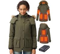GOTOBI Giacca Riscaldata Donna Con Batteria 12v 18400mah, 8 zone di riscaldamento,Parka lungo da donna caldo e impermeabile con cappuccio in pelliccia sintetica rimovibile,Verde,S