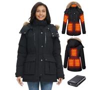 GOTOBI Giacca Riscaldata Donna Con Batteria 12v 18400mah, 8 zone di riscaldamento,Parka lungo da donna caldo e impermeabile con cappuccio in pelliccia sintetica rimovibile,Nero,M