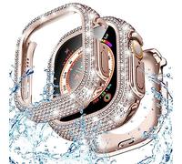 Goton Custodia 2 in 1 impermeabile per Apple Watch Ultra Screen Protector 49 mm, Full Glitter Diamante Diamante Strass Bumper Face Cover per iWatch Ultra Accessori 49 mm Originale Oro Rosa