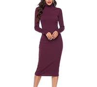 GOTOTOP Abito Dolcevita da Donna Manica Lunga Elegante Maglia a Coste Inverno Dolcevita Elastico Aderente Abito Midi Avvolgente(XL-Vino Rosso)