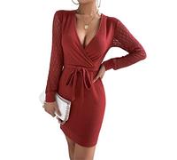 GOTOTOP - Abito sexy da donna a maniche lunghe con scollo a V, cravatta, vita, pizzo, pacchetto, fianchi, per donna, in maglia, aderente, mini abito (L-Cameo-Marrone)
