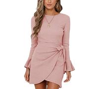 GOTOTOP Abito svasato a maniche lunghe con fiocco e cintura, girocollo, volant avvolgenti, elegante abito corto, abito da cocktail da donna, Colore: rosa., XL