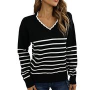 GOTOTOP Maglione a maniche lunghe a righe con scollo a V, casual, con orlo sottile, per casa, incontri, ufficio, Nero , XL