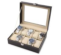 GOTOTOP Scatola per Orologi con 10 Scomparti,Custodia per gioielli,Cuscinetti Rimovibili, Interni in Velluto, Fibbia in Metallo, Similpelle, Superficie Nera, Fodera Interna Beige