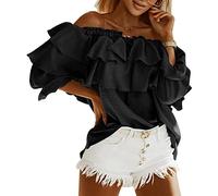 GOTOTOP - Top da donna senza spalline, a 3/4 con maniche a volant stratificate, con schienale scoperto, elegante, L-Nero