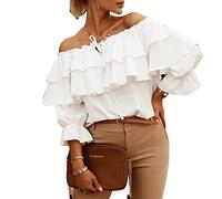 GOTOTOP Top da per donna con spalle scoperte a 3/4, maniche a volant, schiena scoperta, elegante camicetta top, bianco, M