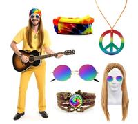 GOTRUST Accessori Hippie Uomo Anni 70 60, 5pcs Set Costume Hippie Retrò, Accessori Hippie Chic per Cosplay Carnevale Halloween