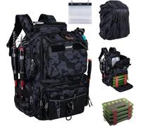 Goture 45 L Borsa da pesca posteriore morbida e resistente all'acqua, tessuto Oxford 900D zaino da pesca, viene fornito con due portacanne e una custodia antipioggia con quattro scatole per esche