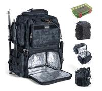 Goture Zaino da pesca con 2 scatole per attrezzature, 53L 600D impermeabile zaino con refrigeratore, porta canna, 8 tasche per esche, copertura antipioggia, grande borsa da pesca per attrezzatura da