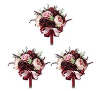 Goufride 3X Borgogna Dusty Rosa Rose Bouquet - Champagne Blush Blooming Peonia con Eucalipto Reale Perfetto Matrimonio Sposa Fiori