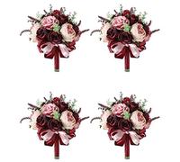 Goufride 4X Borgogna Dusty Rosa Rose Bouquet - Champagne Blush Blooming Peonia con Eucalipto Reale Perfetto Matrimonio Sposa Fiori