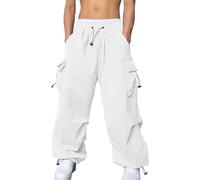 GOUJIAN Pantaloni Cargo da Uomo A Vita Alta, Larghi, Casual, Tinta Unita, Stile Paracadute, vestibilità Ampia, Stile Streetwear Y2K con Tasche Multiple, S-3XL Pantaloni della Tuta(Blanc,S)