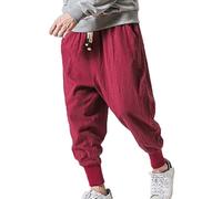 GOUJIAN Pantaloni in Lino da Uomo, Pantaloni Estivi da Uomo, Pantaloni da Yoga da Uomo, Leggeri, Larghi, da Spiaggia, Yoga, A Gamba Larga con Tasche Pantaloni della Tuta(Rouge,3XL)