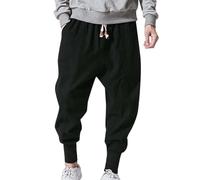 GOUJIAN Pantaloni in Lino da Uomo, Pantaloni Estivi da Uomo, Pantaloni da Yoga da Uomo, Leggeri, Larghi, da Spiaggia, Yoga, A Gamba Larga con Tasche Pantaloni della Tuta(Noir,XL)