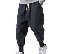 GOUJIAN Pantaloni in Lino da Uomo, Pantaloni Estivi da Uomo, Pantaloni da Yoga da Uomo, Leggeri, Larghi, da Spiaggia, Yoga, A Gamba Larga con Tasche Pantaloni della Tuta(Navy Blue,4XL)