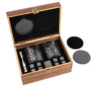 GOURMEO Set di 8 Whiskey Rocks in Basalto con 2 Bicchieri per Whisky, Pinza e Sottobicchieri - Pietre per Whisky in Basalto Naturale - Bicchieri da Whiskey in Confezione Regalo