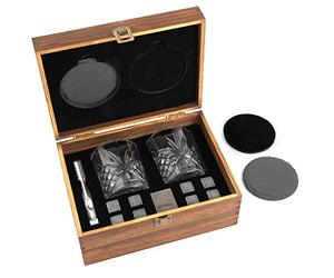 GOURMEO Set di 8 Whiskey Rocks in Basalto con 2 Bicchieri per Whisky, Pinza e Sottobicchieri - Pietre per Whisky in Basalto Naturale - Bicchieri da Whiskey in Confezione Regalo