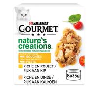 GOURMET | NATURE'S CREATIONS | Gatto adulto | Mini bocconi con ingredienti naturali selezionati | Carne: Pollo, Tacchino | Confezione da 12 (8 x 85g)