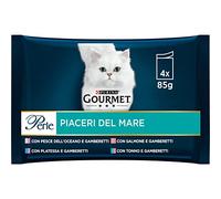 GOURMET Perle Piaceri del Mare Cibo Umido per Gatti Adulti Filettini con Pesce dell'Oceano e Gamberetti, Salmone e Gamberetti, Platessa e Gamberetti, Tonno e Gamberetti 4 Buste da 85g