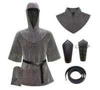 Goutdori Set di costumi templari da Cavalieri Templari in cotta di maglia finta con bracciali per cintura con cappuccio taglia XL in grigio.