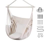 Goutime Sedia Altalena Sospesa in Cotone Morbido con 2 Cuscini e Borsa | Poltrona Dondolo Portata Max 150kg per Balcone Giardino Patio Camera, Beige