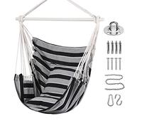 Goutime Sedia Altalena Sospesa in Cotone Morbido con 2 Cuscini e Borsa | Poltrona Dondolo Portata Max 150kg per Balcone Giardino Patio Camera, Strisce grigie e nere