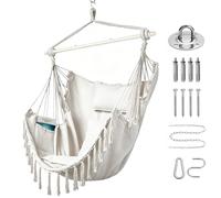 Goutime Sedia Amaca Pendente XL, 2 Cuscini Seduta + Cuscino Collo Inclusi | Con Aste di Supporto e Viti di Montaggio, Sospensabile per Terrazzo e Camera da Letto, Beige