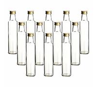 gouveo Dorica - Set di 12 bottiglie di vetro da 250 ml, con tappo a vite dorato, piccole bottiglie da 0,25 l, vuote per liquori, grappa, olio, aceto