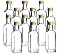gouveo Set 12 bottiglie in vetro 100 ml Maraska con tappo a vite oro - Bottiglia piccola 0,1 l per riempimento - Bottiglia quadrata vuota per liquore, olio (MFET100G)