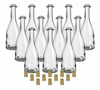 gouveo Set 12 bottiglie in vetro 200 ml “Rustica” con tappo in sughero (SK) - Bottiglie piccole in sughero in vetro - Bottiglia di design per riempire liquore, vino, olio (RFR200SK)