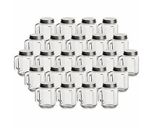 gouveo Set da 24 mini bicchieri, 30 ml, con coperchi a vite argentati - Bicchieri con manico e coperchi a vite - Mini bicchieri con manico per compleanni, feste e matrimoni (TGH030S)