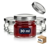 gouveo Set di 48 vasetti per conserve 30 ml Mini con coperchio a vite Argento - Mini vasetti per conservazione con tappo a vite TO43 - Barattoli rotondi per conserve, marmellate, spezie (EGR030S)