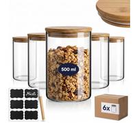 gouveo Set da 6 barattoli dispensa classici (0,50 l) con coperchio a pressione in bambù, vetro borosilicato rotondo cilindrico per alimenti secchi e organizzazione cucina (BGR500B)