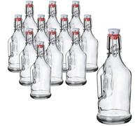 gouveo Set di 12 bottiglie di vetro da 350 ml con tappo e manico - Bottiglie vuote da riempire e regalare, ideali per liquori, sciroppi, succhi di frutta, frullati, olio, aceto (BF350H)