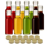 gouveo Set di 12 bottiglie di vetro Dorica da 100 ml con tappo a vite - Piccole bottiglie rotonde di vetro per olio, aceto e liquore con coperchi color oro PP31.5 (DFT100G)