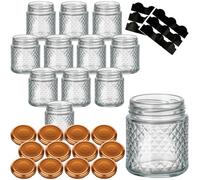 gouveo Set di 12 vasetti da 150 ml, in cristallo rotondo con coperchio a vite, color bronzo, per conservare e conservare - piccoli vasetti per gioielli con motivo a diamante (EGK150B)