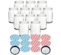 gouveo Set di 12 vasetti per conserve da 580 ml, rotondi, con coperchio a vite BlueSeal, colore blu a quadri e rosso caroroto. Barattoli vuoti con diametro di 82 mm