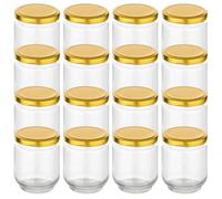 gouveo Set di 16 vasetti 190 ml rotondi con coperchio a vite dorato - Piccoli barattoli per conserve con chiusura a vite - Vasetti per sterilizzazione e conservazione (EGR190G)