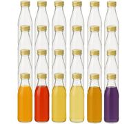gouveo Set di 24 Bottiglie di Vetro da 330 ml Retro - Vetro Trasparente di Alta qualità con Tappo a Vite PP28 (Oro) - Ideale per Bevande, Olio, liquori e conservazione (SFR330G)