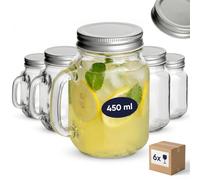 gouveo Set di 6 bicchieri da 450 ml con coperchio, color argento - bicchiere con manico e tappo a vite - bicchieri con manico e coperchio - bicchiere da cocktail per giardino e balcone (TGH450S)