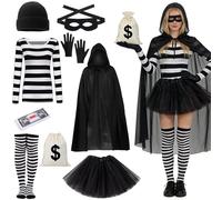 GOUYENG Completo da Rapinatrice di Banche da Donna,9 Pezzi Costume da ladro da donna,Set di Costume di Ladro,Accessori Vestito da Ladro,per Carnevale,Carnevale,Festa a Tema