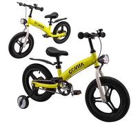 GOVITA Bicicletta 3 in 1, bicicletta 14 pollici bambini da 3 a 5 anni, Bici senza pedali per bambini fino 30kg Resistente e leggera Manubrio e sella regolabili, con cavaletto e rotelle (Bianco/Giallo)