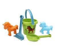 GOWI 467-01010 - Set di sabbia per pony, set di giocattoli per bambini a partire da 1 anno, secchio, pala, rastrello e stampi a forma di sabbia per cavalli, giocattolo da spiaggia e sabbiera